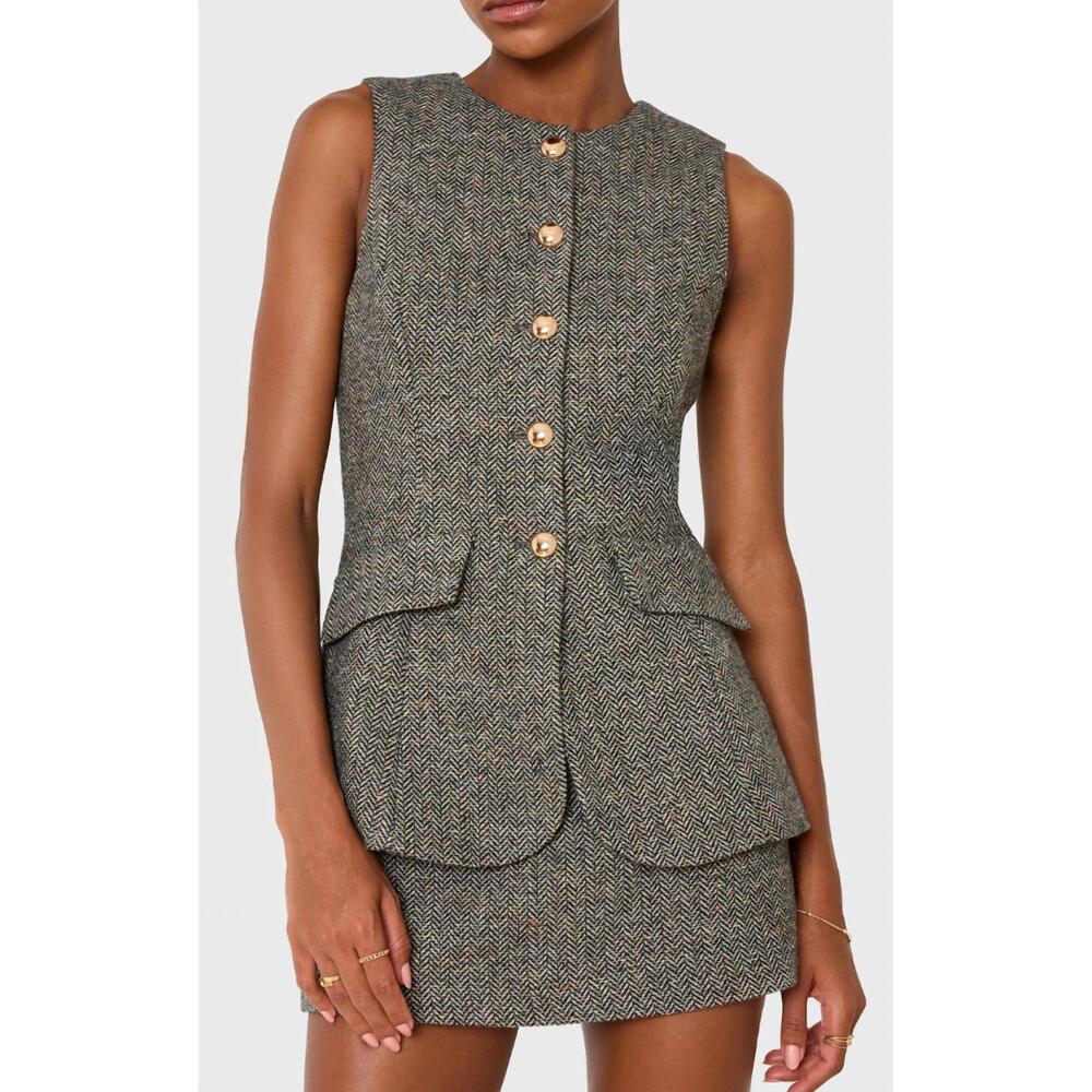 Amanda Uprichard Sleeveless Tweed Romper in Gray with Gold Buttons - Picture 4 of 5
